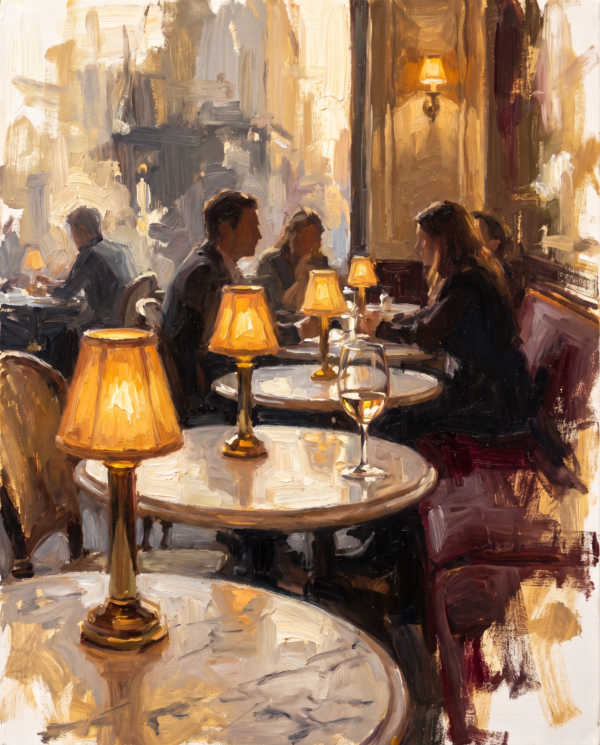 Cafe at Dusk — impressionist oil painting by Isabelle Moreau Cafe at Dusk — impressionist oil painting by Isabelle Moreau