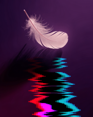 A pale feather falls through a dark twilight gradient while its shadow below breaks into blocks of corrupted pixels with red and cyan colour split.