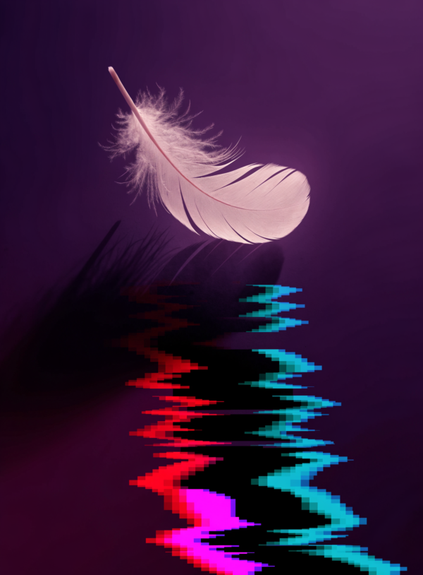 0bjx7ykQ23x1KXDTPLo__QDcJe3DA.webp A pale feather falls through a dark twilight gradient while its shadow below breaks into blocks of corrupted pixels with red and cyan colour split.