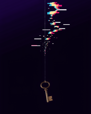 0lBKazohFOXpKKOqyrenS_AVBhTVMO.webp A brass key hanging from a thin string against a deep velvet-dark twilight ground, the string torn into glitched pixel blocks with red and cyan colour separation.