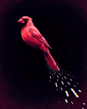 1K5WWgxyvtqrFsWDq6xqo_XNkdRX5e.webp A painterly red cardinal in flight on a deep velvet-dark background, its tail breaking into pixel blocks with red, green and blue colour separation.