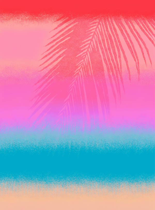 A flat vertical gradient artwork melting dusk pink into turquoise with faint halftone grain in the transitions and a warm band of colour through the centre.