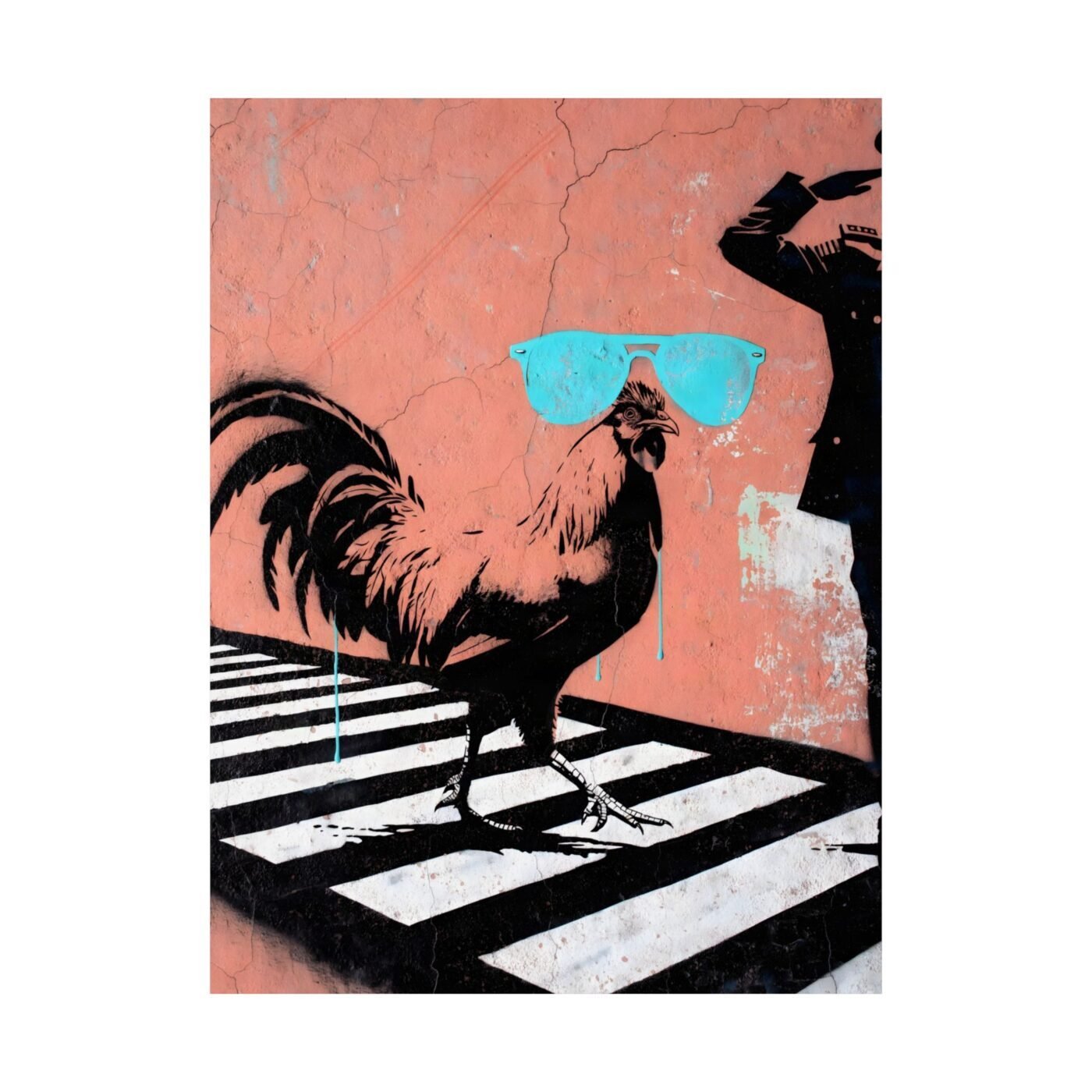 Crossing at Noon: The Rooster Wore Turquoise Aviators by Luna Vasquez, shown in a room