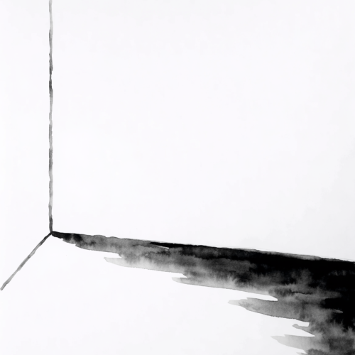 A large pale paper field with a single soft diagonal shadow crossing it and one thin ink line placed far off centre.