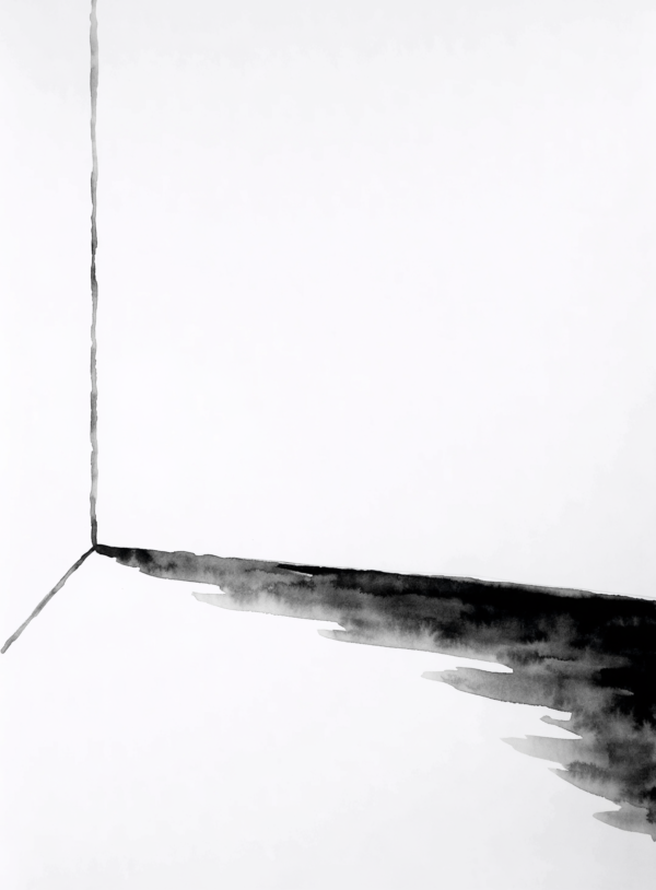 A large pale paper field with a single soft diagonal shadow crossing it and one thin ink line placed far off centre.