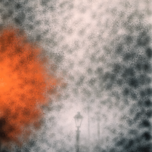 Abstract field of soft grey spray haze filling the frame, with a diffused orange glow low and slightly off centre resembling a streetlamp in mist. Abstract field of soft grey spray haze filling the frame, with a diffused orange glow low and slightly off centre resembling a streetlamp in mist.