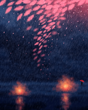 A tall indigo field of fine diagonal rain with warm lantern glows, soft vertical wet reflections below, a cherry-pink blossom drift along the top edge and one small distant figure with an umbrella.