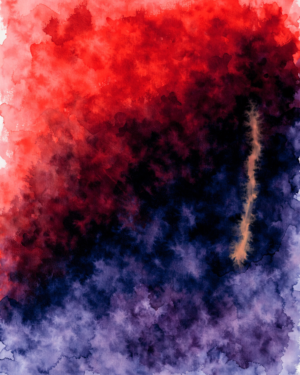 Abstract poured colour-stain painting with vermillion in the upper half bleeding along a diagonal into deep indigo below, crossed by a single pale vertical streak.