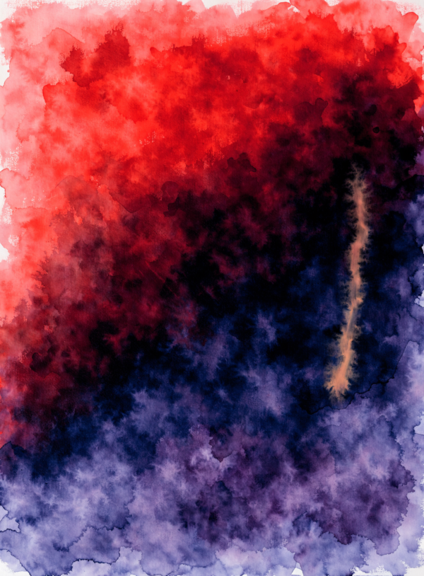 Abstract poured colour-stain painting with vermillion in the upper half bleeding along a diagonal into deep indigo below, crossed by a single pale vertical streak.
