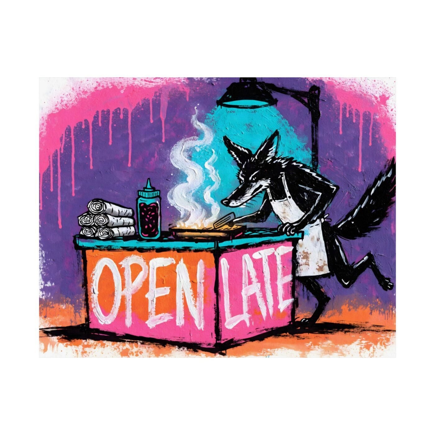 Heat After Midnight: The Coyote Works the Late Shift by Chris Vega, shown in a room