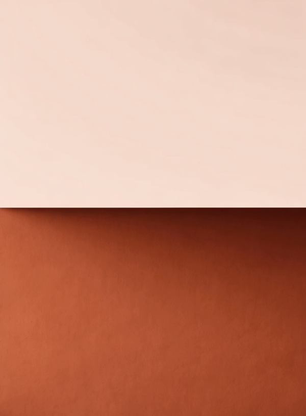 7Qr_cDdzdkVQBdyjkqbRQ_Tkj7bcEr.webp A vertical abstract artwork of two flat colour planes, terracotta above and apricot below, meeting along a single hard horizontal edge.