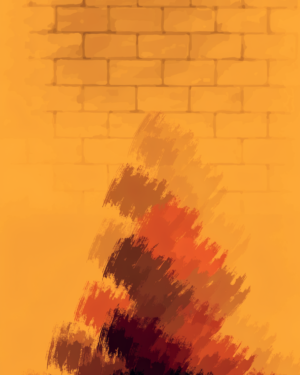 7hMBM5yAFj3h171WEisG6_MJVEvl2X.webp A flat gold ground with a loose brushed bloom of warm colour rising from the bottom edge and a faint grid of subway tile suggested behind it.