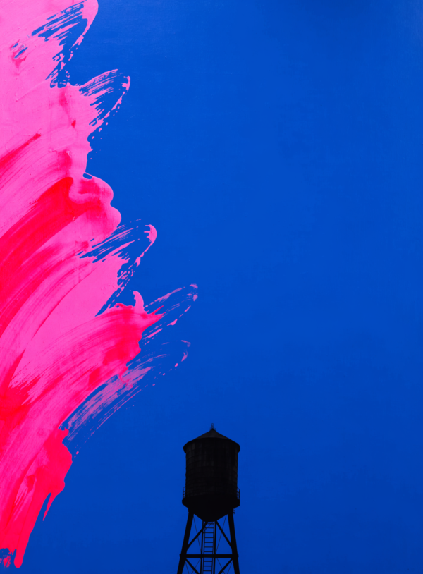 A flat cobalt blue field with a loose magenta bloom entering from the left edge and a simplified New York water tower in silhouette.