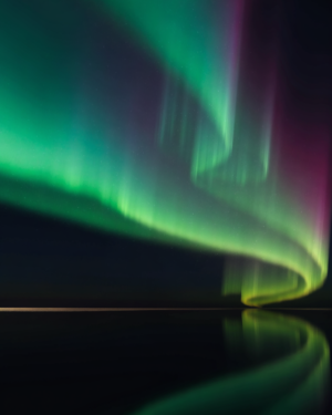 Flat digital painting of a green, magenta and blue aurora over a low horizon of still water, with a thin band of pale gold at the waterline.