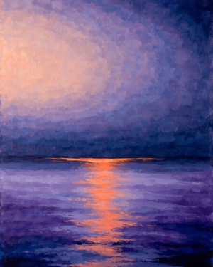 Wide bands of orange and violet dusk over dark harbour water, with soft smears of reflected lamp light and no hard forms.