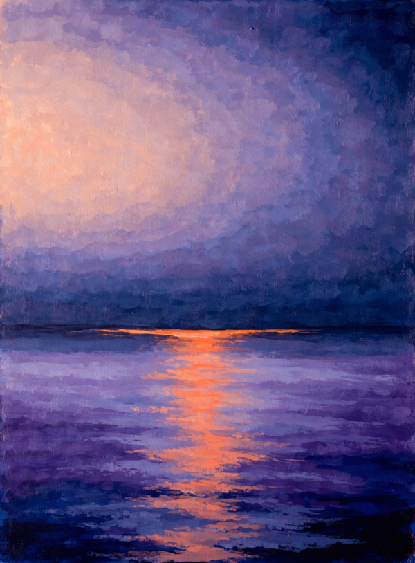 Ar0BOuHEW_bwVJy37Aps6_1GnboQa3.webp Wide bands of orange and violet dusk over dark harbour water, with soft smears of reflected lamp light and no hard forms.