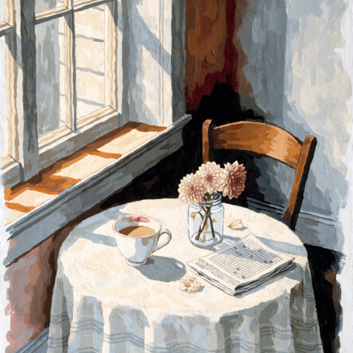 An empty cafe table in warm side light with a half-finished cup marked with lipstick, a folded crossword and pen, and wilting cut flowers in a glass on patterned cloth.