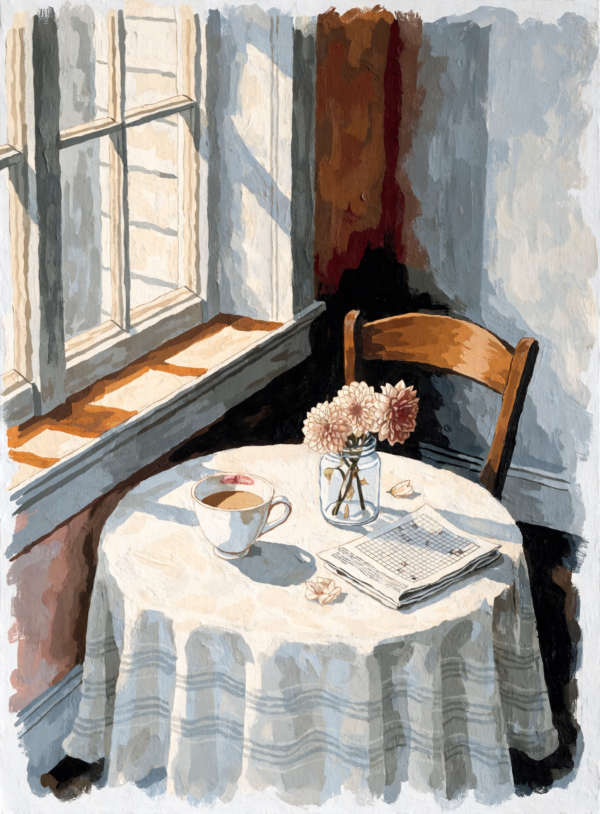 An empty cafe table in warm side light with a half-finished cup marked with lipstick, a folded crossword and pen, and wilting cut flowers in a glass on patterned cloth.
