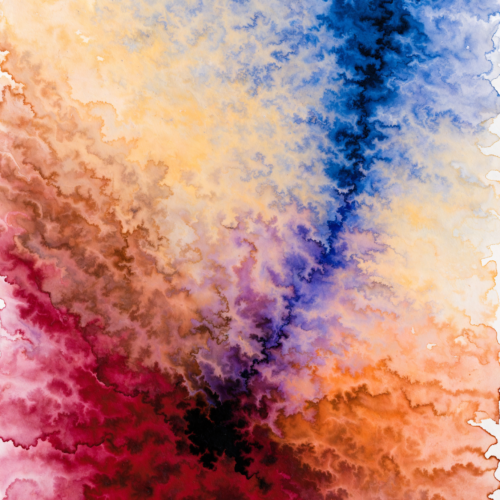 Tall abstract artwork of deep carmine washes bleeding through burnt orange into prussian blue, with a dark pooled area low and off-centre. Tall abstract artwork of deep carmine washes bleeding through burnt orange into prussian blue, with a dark pooled area low and off-centre.