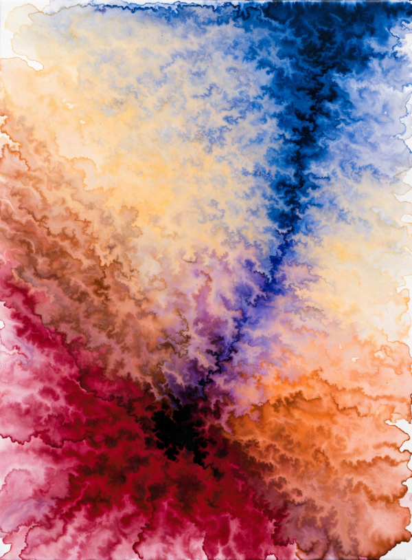 Tall abstract artwork of deep carmine washes bleeding through burnt orange into prussian blue, with a dark pooled area low and off-centre. Tall abstract artwork of deep carmine washes bleeding through burnt orange into prussian blue, with a dark pooled area low and off-centre.