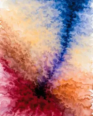 Tall abstract artwork of deep carmine washes bleeding through burnt orange into prussian blue, with a dark pooled area low and off-centre. Tall abstract artwork of deep carmine washes bleeding through burnt orange into prussian blue, with a dark pooled area low and off-centre.