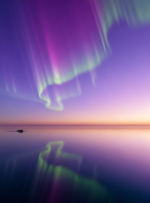 D0DLcjOZc3AhyB9wRphZU_lFc5tF1O.webp Minimalist digital painting of green, magenta and blue aurora fading into pale gold dawn light above a flat horizon of still water.