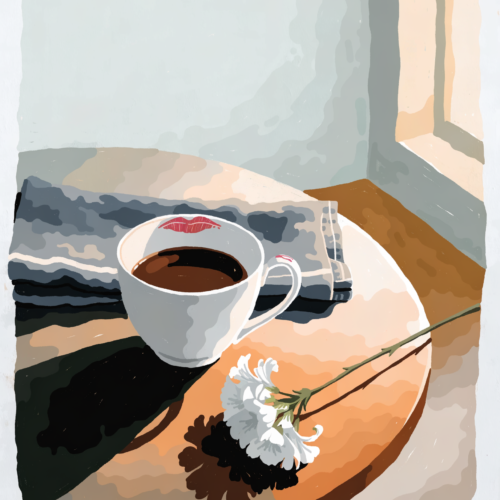 Flat-toned still life of a half finished cup with a lipstick mark on the rim, wilting cut flowers and patterned fabric under warm side light. Flat-toned still life of a half finished cup with a lipstick mark on the rim, wilting cut flowers and patterned fabric under warm side light.