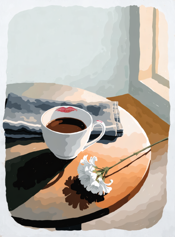 Flat-toned still life of a half finished cup with a lipstick mark on the rim, wilting cut flowers and patterned fabric under warm side light.
