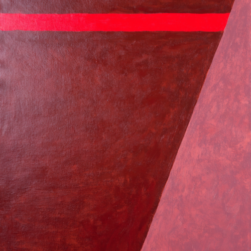 Flat abstract composition of two unequal colour fields, warm terracotta and dusty rose, divided by a single diagonal with a narrow architectural band crossing the seam. Flat abstract composition of two unequal colour fields, warm terracotta and dusty rose, divided by a single diagonal with a narrow architectural band crossing the seam.