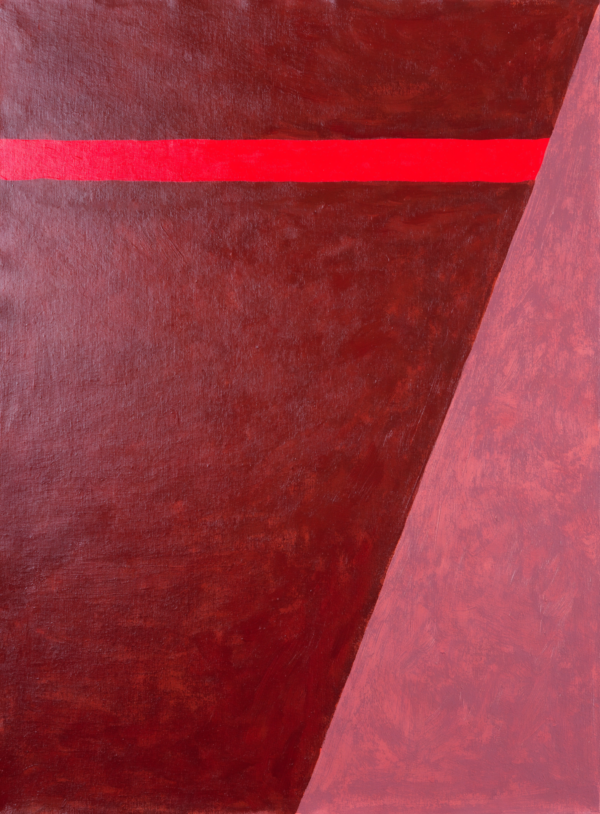 Flat abstract composition of two unequal colour fields, warm terracotta and dusty rose, divided by a single diagonal with a narrow architectural band crossing the seam. Flat abstract composition of two unequal colour fields, warm terracotta and dusty rose, divided by a single diagonal with a narrow architectural band crossing the seam.