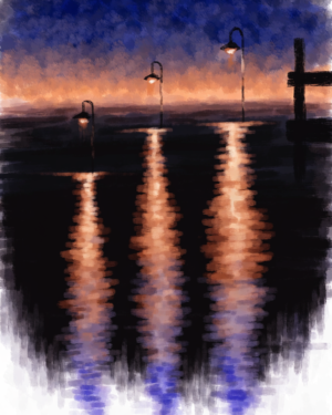 Eg6yJujNoKsQ5dYWBLkjh_JJix7iW1.webp Atmospheric harbour dusk scene with broad orange and violet washes above dark water and soft smears of reflected lamplight.