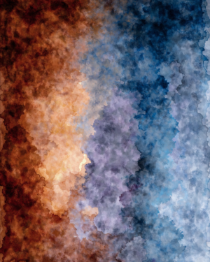 A tall abstract artwork of thin sienna and slate washes bleeding into one another, the border between warm and cool left soft rather than sharp.