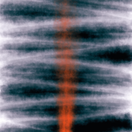 A vertical streak of burnt orange rising through layered horizontal bands of soft grey spray haze, with grainy overspray and edges that never resolve.