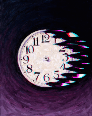A pale handless clock face floats in a dark violet-black field, its rim breaking into blocks of magenta pixels with split colour channels.