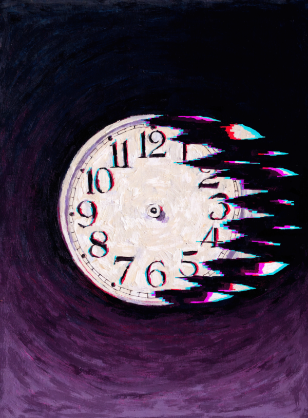 Gg6fwcmCeK4nt6qys3Ynj_6cS4sbfT.webp A pale handless clock face floats in a dark violet-black field, its rim breaking into blocks of magenta pixels with split colour channels.