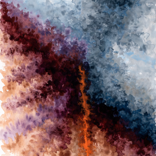 Vertical abstract painting of thin poured washes, warm oranges retreating diagonally against encroaching cool blues, with a single orange vertical stain near the centre.