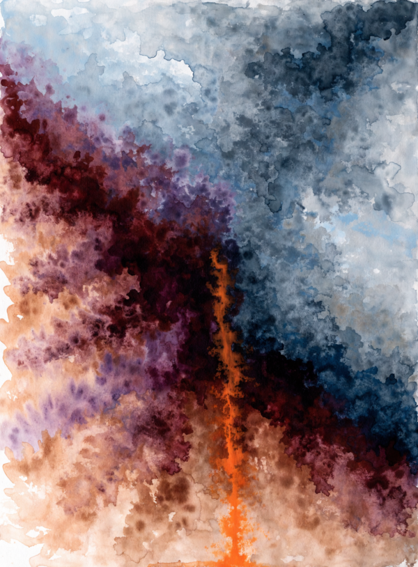HAX4AdTJ5stFQuHh5daCN_wQnFYGED.webp Vertical abstract painting of thin poured washes, warm oranges retreating diagonally against encroaching cool blues, with a single orange vertical stain near the centre.