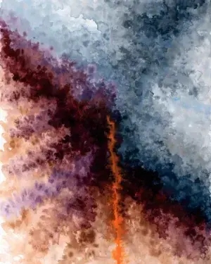 HAX4AdTJ5stFQuHh5daCN_wQnFYGED.webp Vertical abstract painting of thin poured washes, warm oranges retreating diagonally against encroaching cool blues, with a single orange vertical stain near the centre.