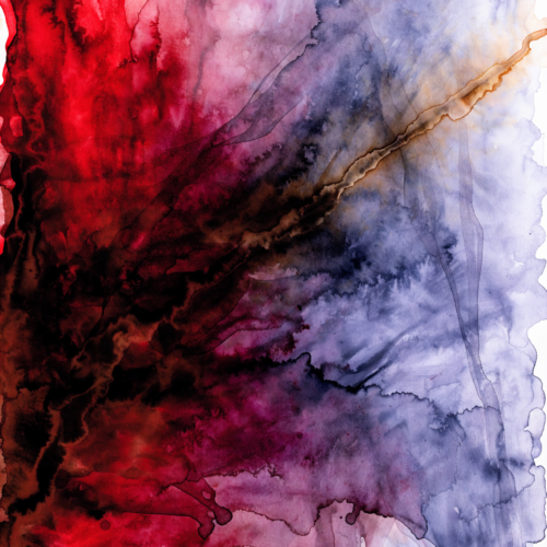 Abstract poured colour painting with deep crimson pooling in the lower left, pale washes emptying to the right, and an off-centre amber diagonal crossing the frame.