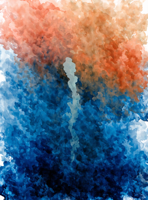 Ld_RZL_B4W7PEO7Swb_T7_jUl3kKeq.webp Vertical abstract artwork of thin poured washes of deep blue-green and warm colour bleeding into one another with soft edges, and a pale celadon patch near the centre.