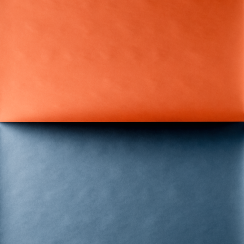 A tall abstract composition of two large flat colour planes, one warm and one cool, meeting along a single straight edge across the frame. A tall abstract composition of two large flat colour planes, one warm and one cool, meeting along a single straight edge across the frame.