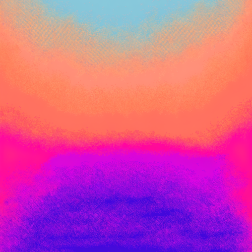 A flat abstract gradient filling the frame, hot dusk pink at the base melting upward through coral into turquoise with faint halftone grain in the transitions.