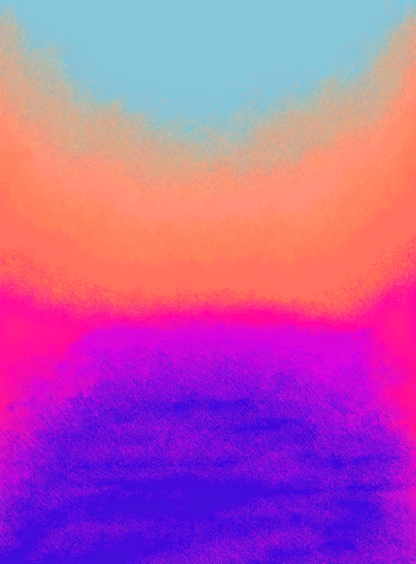 QM3FLnzfCEGHCpo6LNp-4_Jfs7mlaj.webp A flat abstract gradient filling the frame, hot dusk pink at the base melting upward through coral into turquoise with faint halftone grain in the transitions.