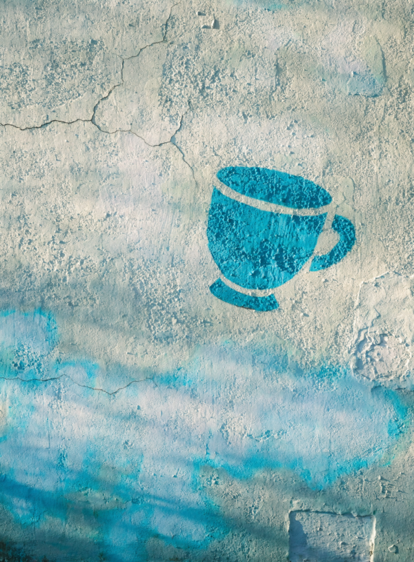 SnL8SJ4r3ivlP-4RHOr8S_JaXg9TyC.webp A sun-bleached mint plaster wall with cracks and a painted-over patch, with a small tilted turquoise stencilled coffee cup near one edge.