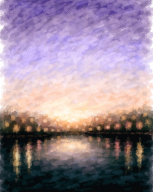 Ssd2-LViC5M3ng0UVqBgR_o1Vs7Yek.webp Soft washes of orange and violet dusk over dark harbour water, with distant lamp light blurred into a warm glow along the horizon.