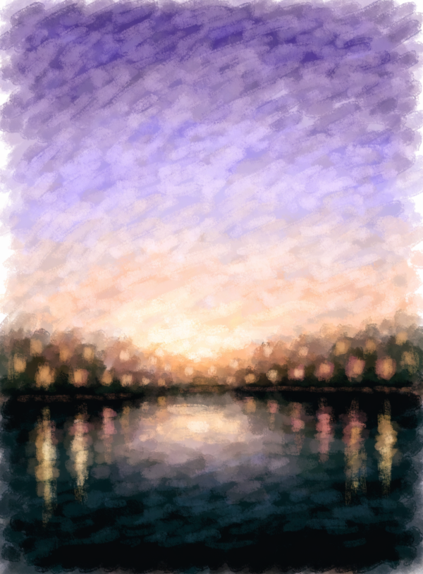 Soft washes of orange and violet dusk over dark harbour water, with distant lamp light blurred into a warm glow along the horizon.