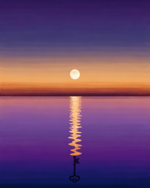 A twilight scene of a moon rising over still water, its long pale reflection forming the shape of a key against violet and indigo sky.