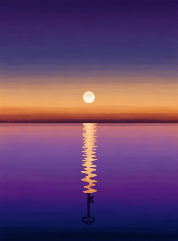 TqDmxnnrwt9W8VPyZR-PO_AFUIG64S.webp A twilight scene of a moon rising over still water, its long pale reflection forming the shape of a key against violet and indigo sky.