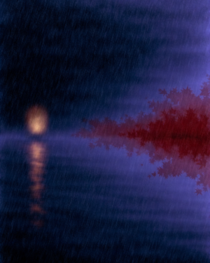 UWDRmEgGwa5ejFr2Wzm43_QUgERqSa.webp An indigo field of fine diagonal rain with two soft blooms of warm lantern light, vertical wet reflections below, a drift of maple red dissolving at one edge and a tiny distant figure with an umbrella.