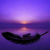 UsVA7g5Ihrw_NDgLPFmxf_y5YtLu1m.webp A twilight shoreline in violet, indigo and amber where the curve of the sand and its shadow form the shape of a feather.